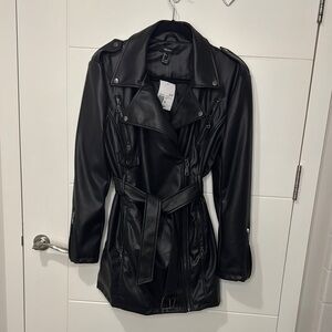 Stylish Black Faux Leather Trench Coat